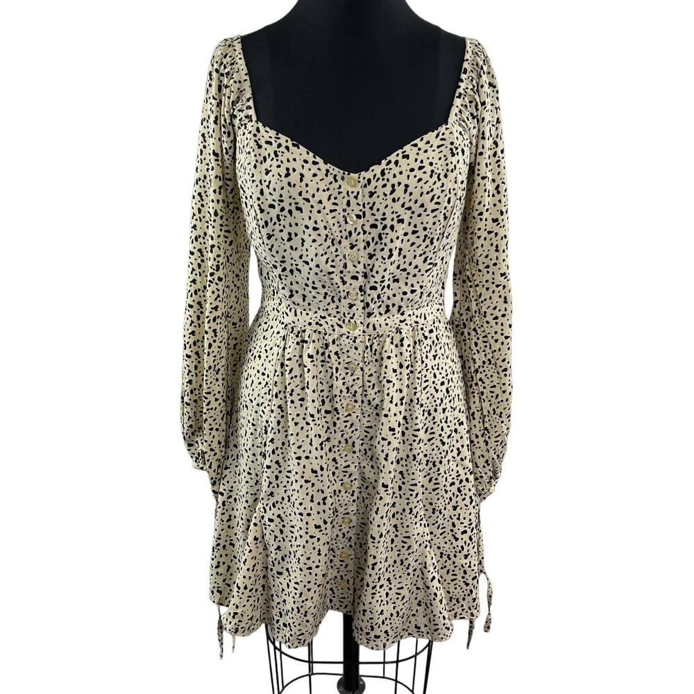 NWT Rue Stiic Long Sleeve Priscilla Bellagio Casual Mini Dress Beige Black M NEW - Picture 2 of 10